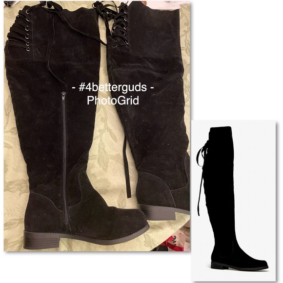 New Ramona High Over-The-Knee Lace Up Faux Suede Flat Boot in Black 8 Extra Wide - Picture 8 of 16